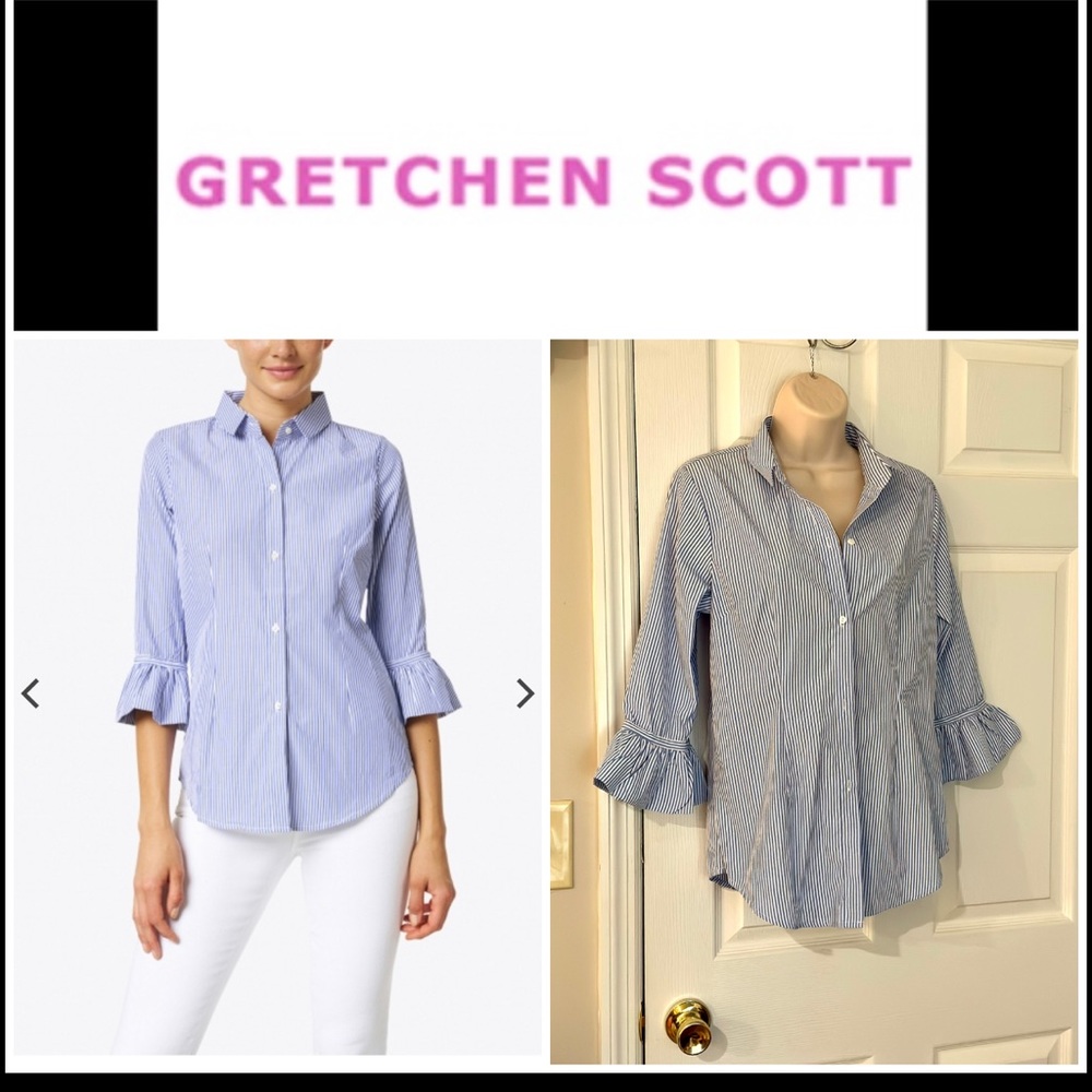 Gretchen Scott navy and white striped cotton top ruffle sleeves like new